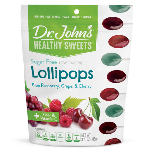 Packaging of Dr. John's Healthy Sweets Lollipops with colorful lollipops on a white background