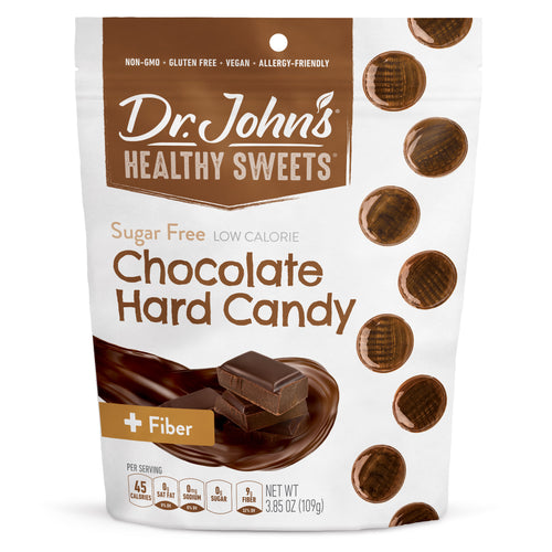 Dr. John's Healthy Sweets chocolate hard candy package on a white background