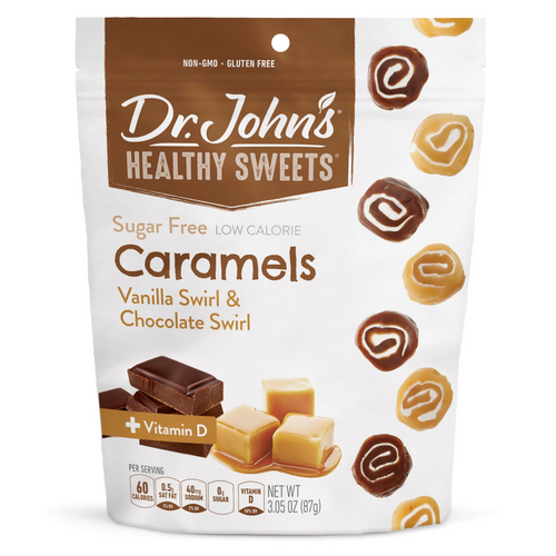 Packaging of Dr. John's Healthy Sweets sugar-free caramels with vanilla and chocolate swirls.