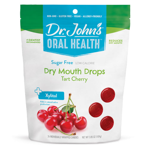 Dr. John's Oral Health Dry Mouth Drops packaging with tart cherry flavor on a white background