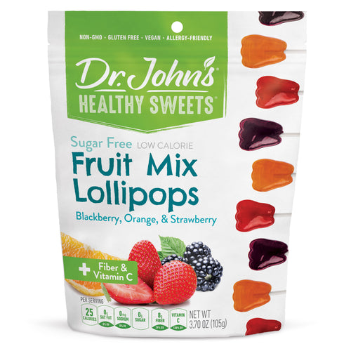 Packaging of Dr. John's Healthy Sweets Fruit Mix Lollipops on a white background