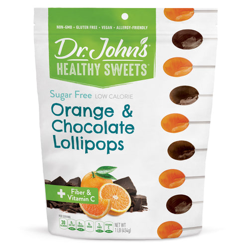 Packaging of Dr. John's Healthy Sweets Orange & Chocolate Lollipops on a white background