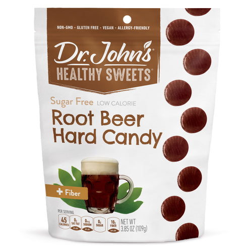 Dr. John's Healthy Sweets Root Beer Hard Candy package on a white background