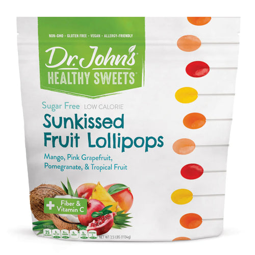 Packaging of Dr. John's Healthy Sweets Sunkissed Fruit Lollipops with colorful lollipop illustrations.