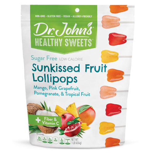 Packaging of Dr. John's Healthy Sweets Sunkissed Fruit Lollipops on a white background