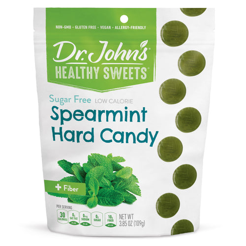 Packaging of Dr. John's Healthy Sweets Spearmint Hard Candy on a white background