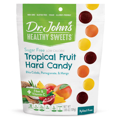 Dr. John's Healthy Sweets tropical fruit hard candy package on a white background