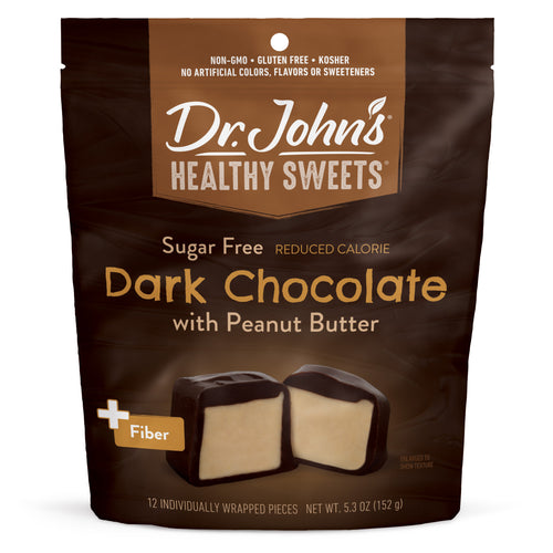 Dr. John's Healthy Sweets package for dark chocolate with peanut butter on a white background