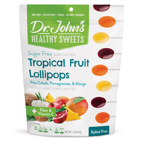 A package of Dr. John's Healthy Sweets Tropical Fruit Lollipops featuring images of lollipops and the names of the flavors: Piña Colada, Pomegranate, and Mango, along with highlights such as non-GMO, gluten-free, vegan, and xylitol-free.