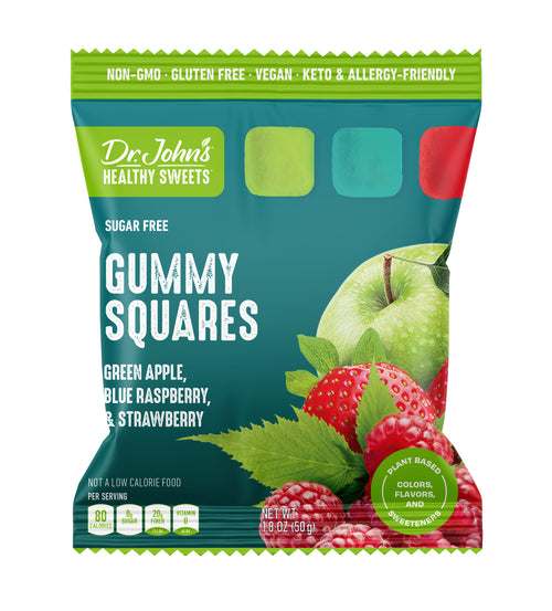 A package of Dr. John’s Healthy Sweets Gummy Squares Classic Fruit Mix Candies with lemon, mango and orange flavors with a white background