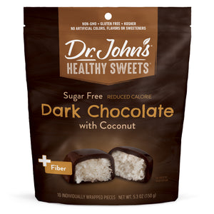 Dr. John's Healthy Sweets dark chocolate with coconut package on a white background