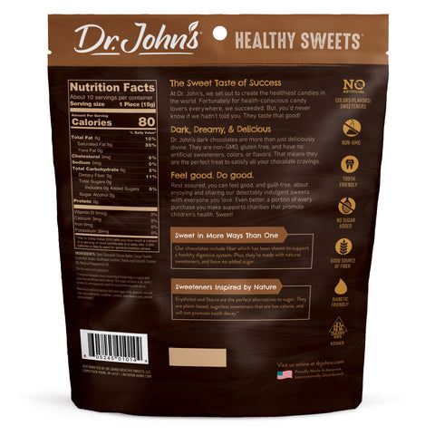 Dr. John's Healthy Sweets Dark Chocolate Mint Squares packaging with nutrition facts and product details.