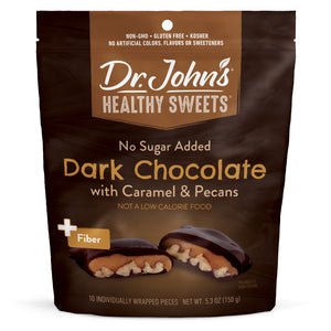 Dr. John's Healthy Sweets no sugar added dark chocolate with caramel & pecans packaging.