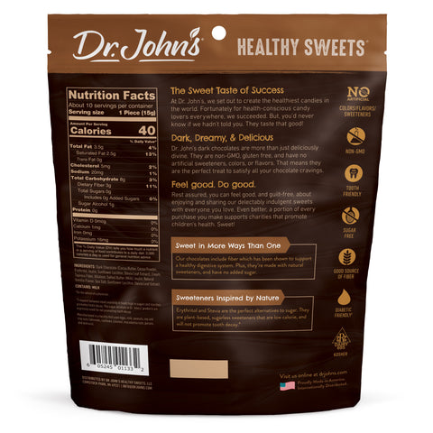 Dr. John's Healthy Sweets packaging with nutritional information and branding details.