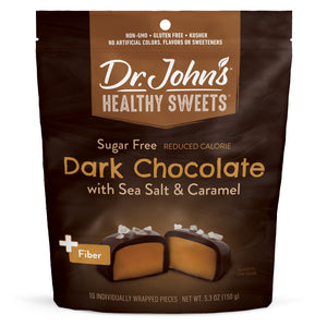 Dr. John's Healthy Sweets dark chocolate with sea salt and caramel packaging on a white background