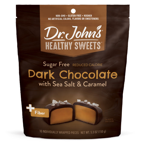 Dr. John's Healthy Sweets dark chocolate with sea salt and caramel packaging on a white background