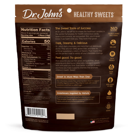 Dr. John's Healthy Sweets packaging with nutrition facts and product details on a white background