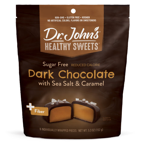 Dr. John's Healthy Sweets dark chocolate with sea salt and caramel packaging on a white background