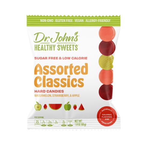 A package of Dr. John's Healthy Sweets Assorted Classics Hard Candy, featuring candies in red, orange, and green colors, indicating flavors such as Watermelon, Strawberry, and Apple.
