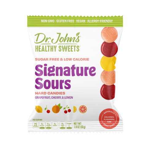 A package of Dr. John’s Healthy Sweets Signature Sour Hard Candies featuring flavors such as grapefruit, cherry, and lemon.