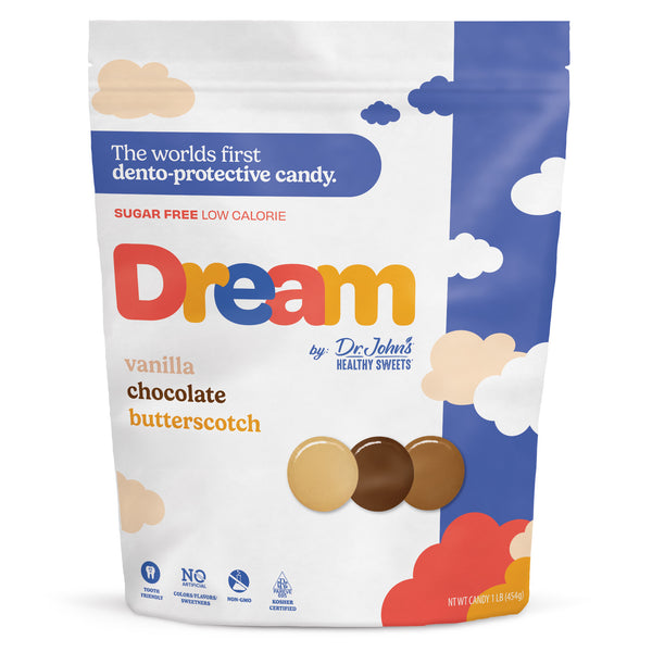 Packaging of Dream candy by Dr. John's Healthy Sweets with colorful design and text.