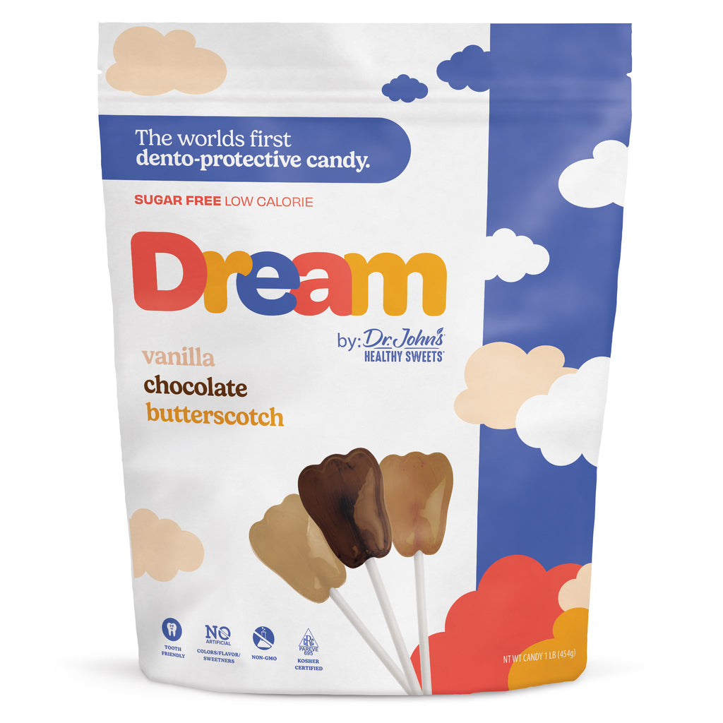 Packaging of Dream candy by Dr. John's Healthy Sweets with colorful design and text.