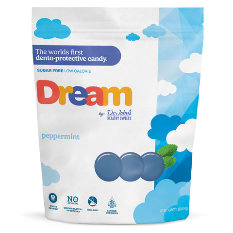 Packaging of Dream by Dr. John's dento-protective candy with blue gumballs and cloud design.
