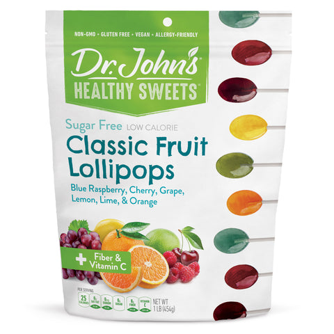 Dr. John's Healthy Sweets Classic Fruit Lollipops packaging on a white background