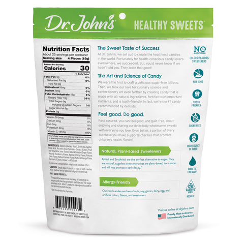 Dr. John's Healthy Sweets packaging with nutrition facts and product information.