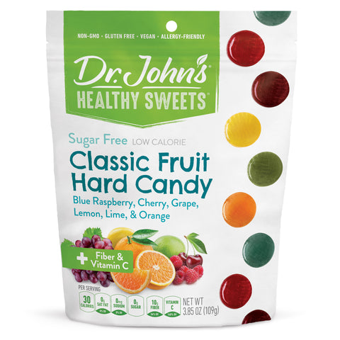 Dr. John's Healthy Sweets fruit hard candy package with colorful candy pieces on a white background