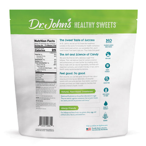 Back of a Dr. John's Healthy Sweets packaging with nutritional information and branding details.