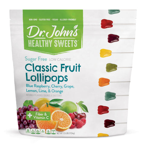 Packaging of Dr. John's Healthy Sweets Classic Fruit Lollipops with colorful lollipop illustrations on a white background.