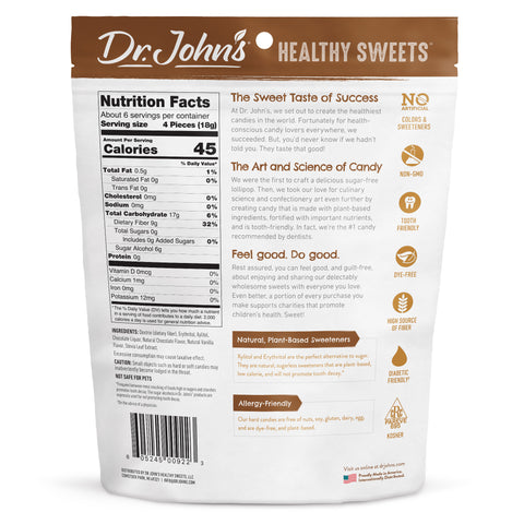 Dr. John's Healthy Sweets packaging with nutrition facts and product information.