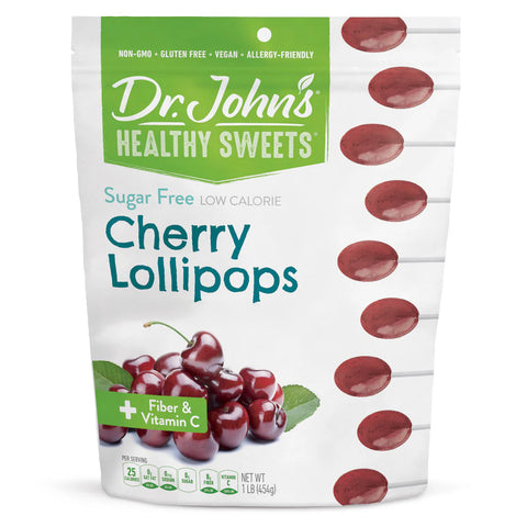 Packaging of Dr. John's Healthy Sweets Cherry Lollipops on a white background