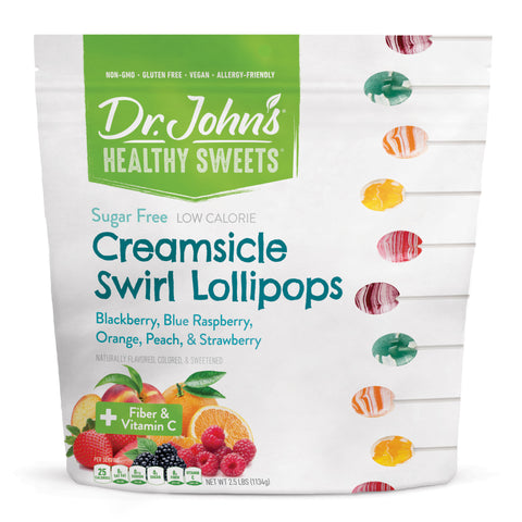Packaging of Dr. John's Healthy Sweets Creamsicle Swirl Lollipops with colorful lollipop illustrations on a white background.