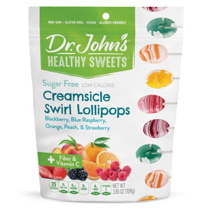 Packaging of Dr. John's Healthy Sweets Creamsicle Swirl Lollipops on a white background