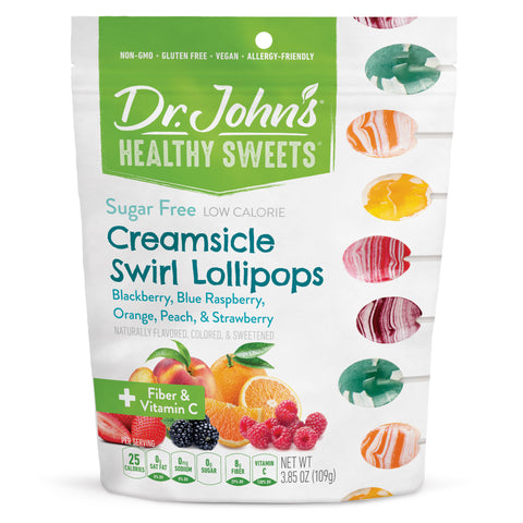 Packaging of Dr. John's Healthy Sweets Creamsicle Swirl Lollipops on a white background
