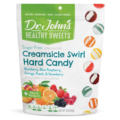 Dr. John's Healthy Sweets Creamsicle Swirl Hard Candy packaging on a white background