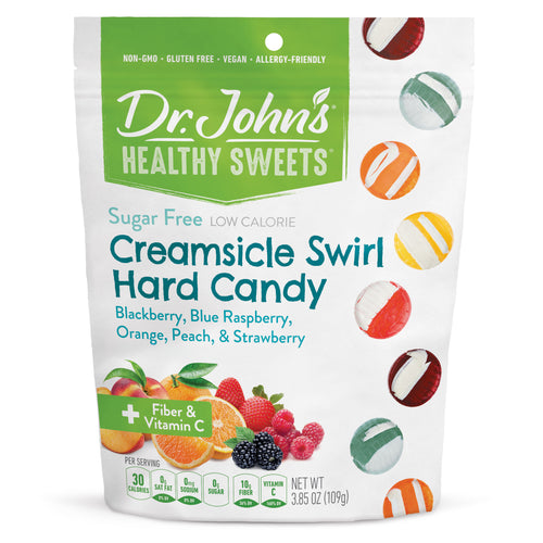 Packaging of Dr. John's Healthy Sweets Creamsicle Swirl Hard Candy on a white background