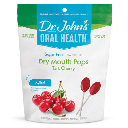 Packaging of Dr. John's Oral Health Dry Mouth Pops Tart Cherry flavor on a white background