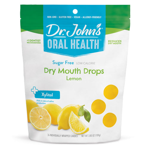 Packaging of Dr. John's Oral Health Dry Mouth Drops Lemon flavor on a white background