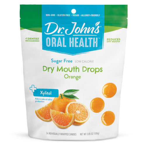 Packaging of Dr. John's Oral Health Dry Mouth Drops in orange flavor on a white background