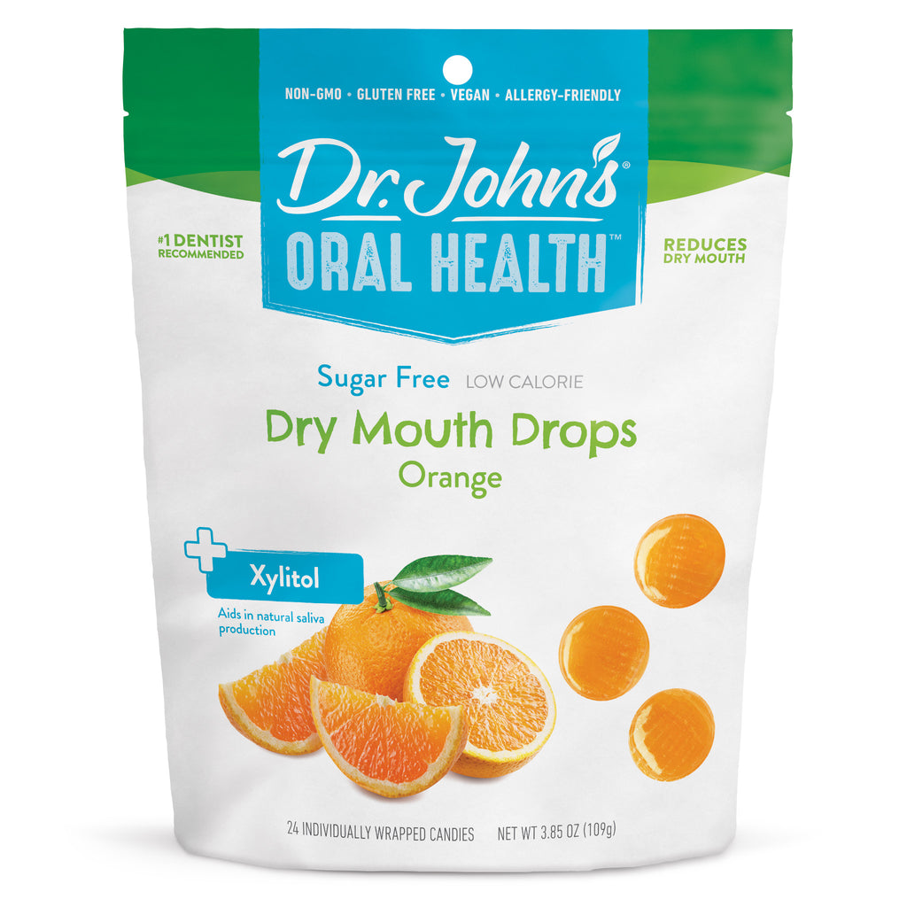 Packaging of Dr. John's Oral Health Dry Mouth Drops in orange flavor on a white background