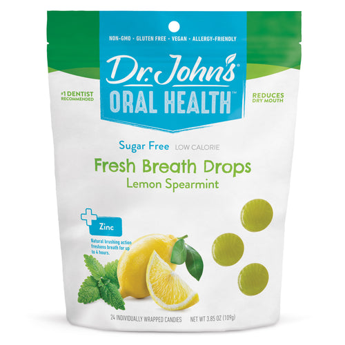 Dr. John's Oral Health sugar-free lemon spearmint fresh breath drops packaging on a white background