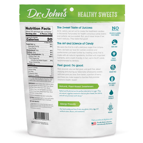 Dr. John's Healthy Sweets packaging with nutrition facts and product details.