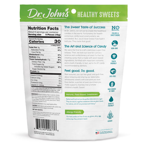 Back of a Dr. John's Healthy Sweets packaging with nutrition facts and product details.