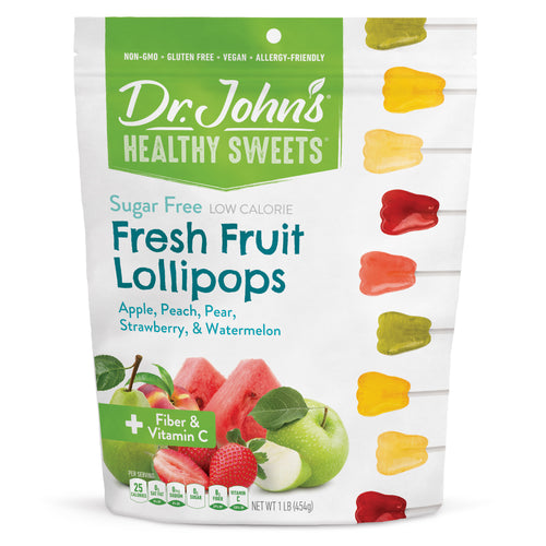 Dr. John's Healthy Sweets Fresh Fruit Lollipops packaging on a white background