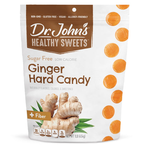 Packaging of Dr. John's Healthy Sweets Ginger Hard Candy on a white background - 1 Pound Bag