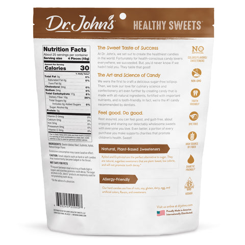 Dr. John's Healthy Sweets packaging with nutrition facts and ingredients listed.