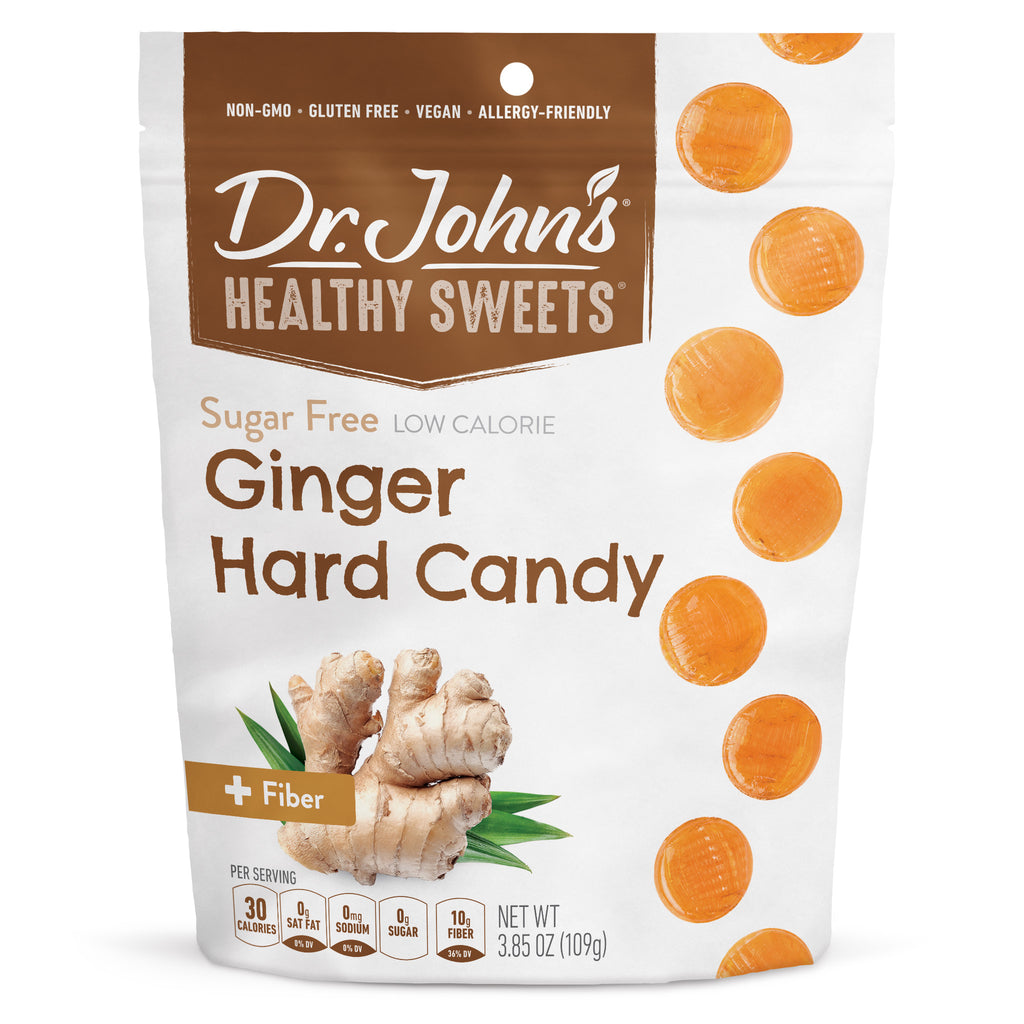 Dr. John's Healthy Sweets ginger hard candy package on a white background